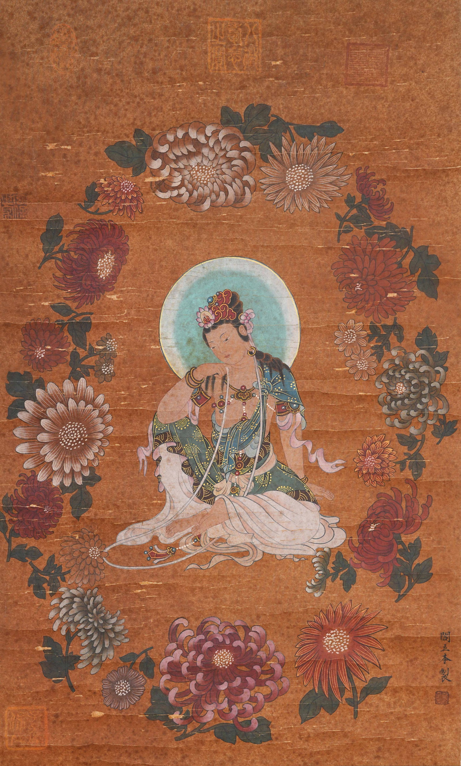 A GUANYIN PAINTING ON SILK BY YAN LIBEN.閻立本: Guanyin Painting on Silk by Yan Liben.閻立本