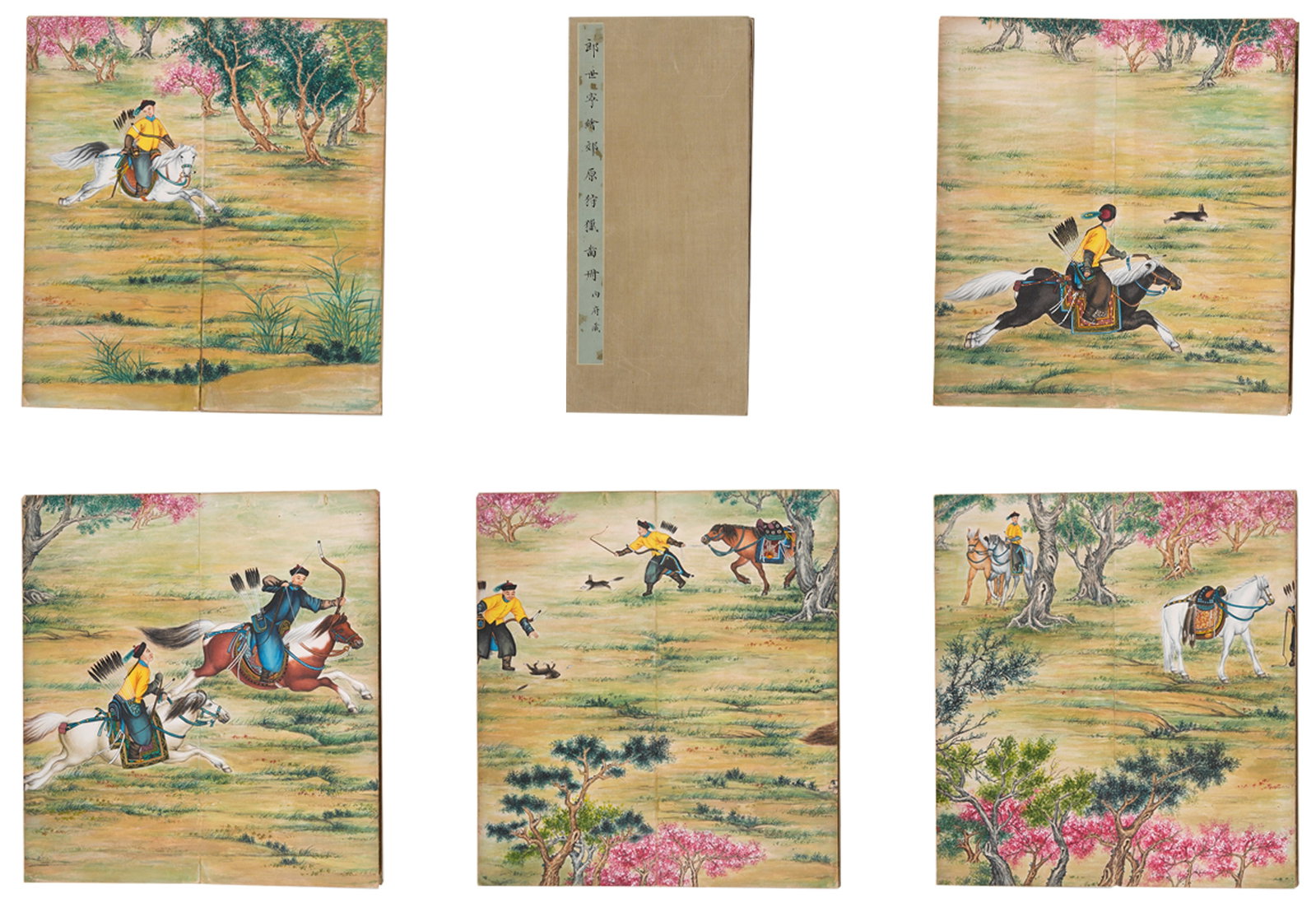 A HUNTING SCENES IN SUBURB PAINTINGS ALBUM ON PAPER BY GIUSEPPE CASTIGLIONE (FIVE LEAVES).郎: Hunting Scenes in Suburb Paintings Album on Paper by Giuseppe Castiglione (five leaves).郎世寧