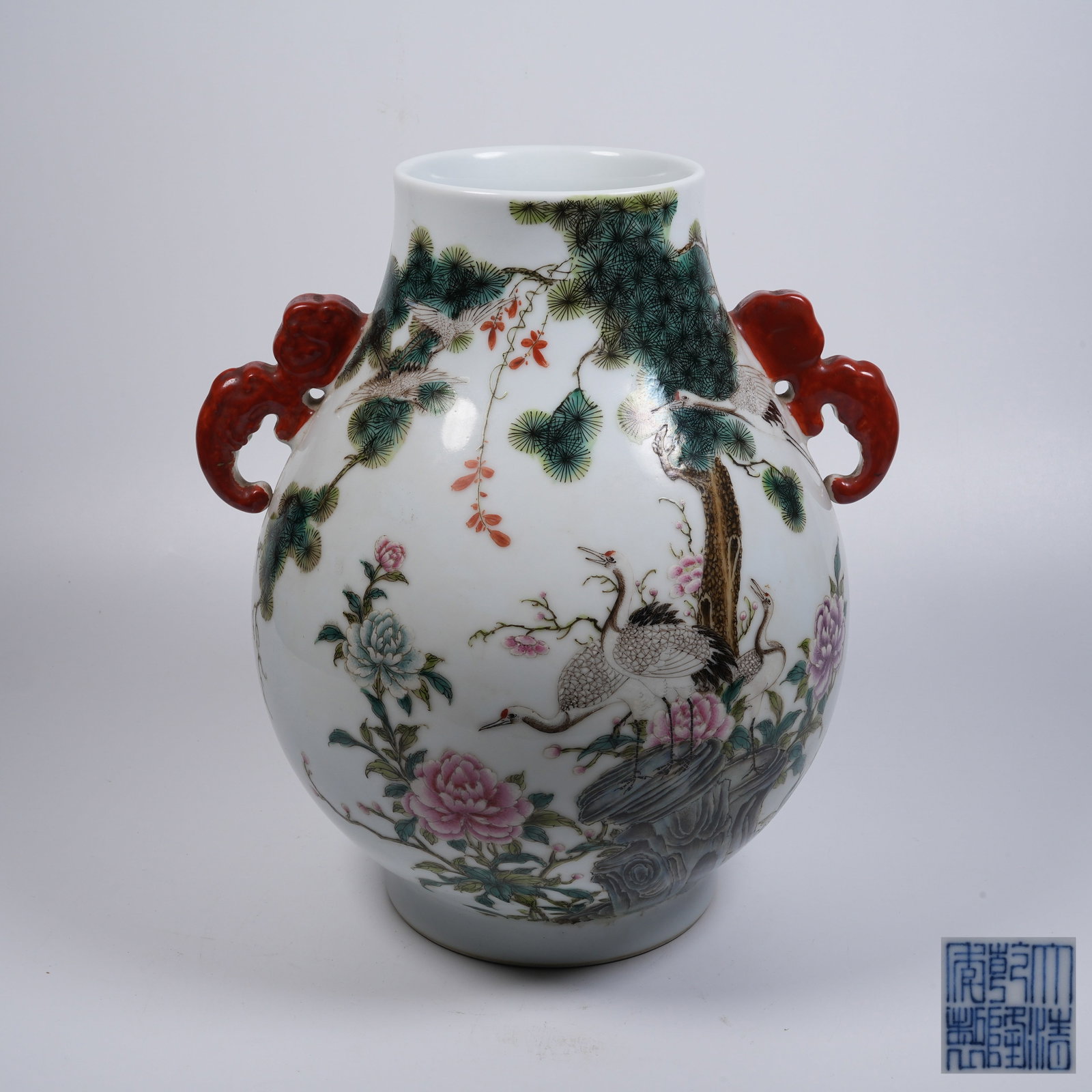 A FAMILLE-ROSE BEAST-EAR ZUN WITH PINE-AND-CRANE-LONGEVITY MOTIF (1 of 9)