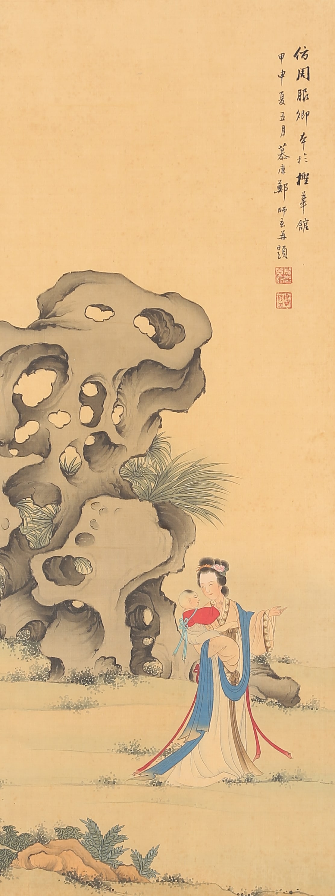 A BEAUTY PAINTING MOUNTED AS SCROLL CENTER ON SILK BY ZHENG MUKANG.鄭慕康 (1 of 8)