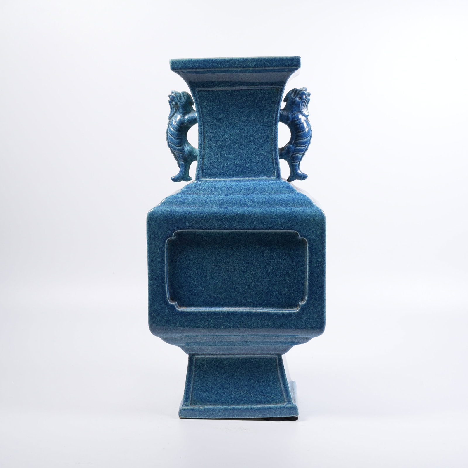 A LUJUN-GLAZE SQUARE ZUN VESSEL WITH BEAST EARS: Lujun-glaze square zun vessel with beast ears