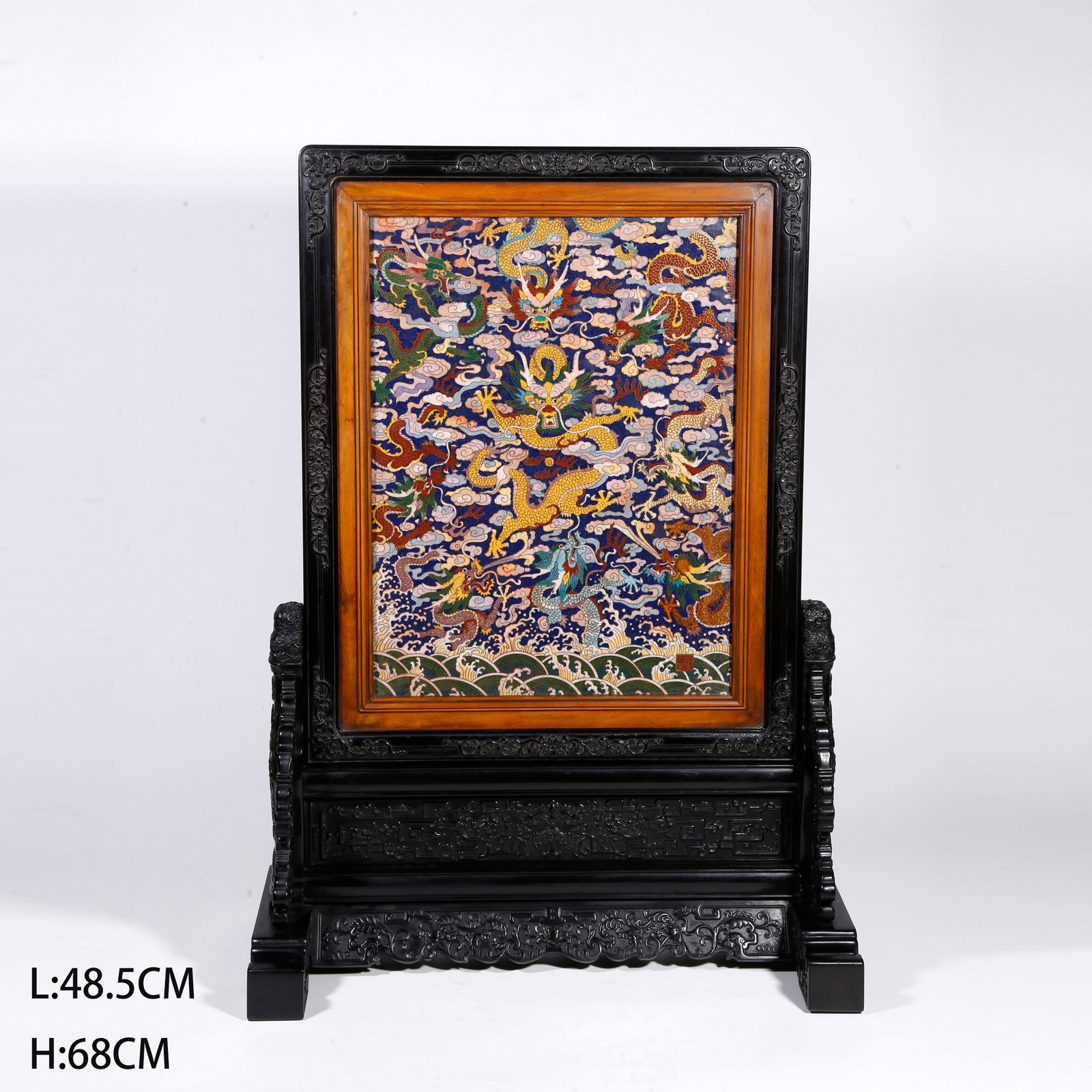 A ZITAN-WOOD TABLE SCREEN INLAID WITH CLOISONNE NINE-DRAGON PATTERN (1 of 11)