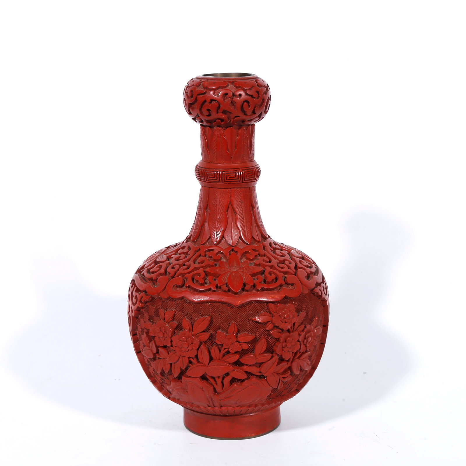 A CARVED-RED GARLIC-MOUTH VASE WITH ROCK-AND-FLOWER PATTERN: Carved-red garlic-mouth vase with rock-and-flower pattern
