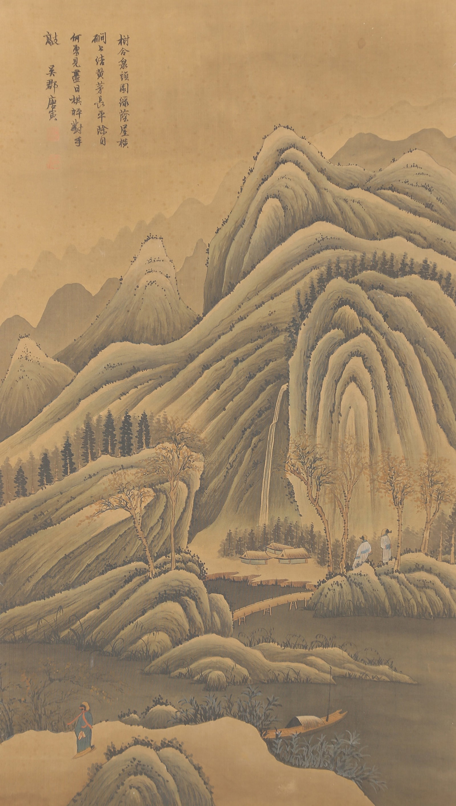 A LANDSCAPE AND FIGURE PAINTING ON SILK BY TANG BOHU.唐伯虎: Landscape and Figure Painting on Silk by Tang Bohu.唐伯虎