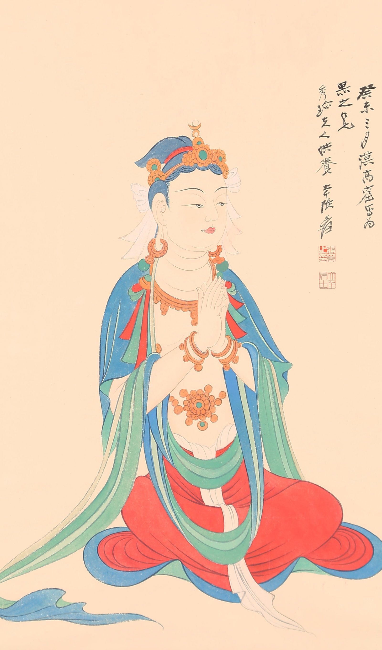 A GUANYIN PAINTING ON PAPER BY ZHANG DAQIAN.張大千: Guanyin Painting on Paper by Zhang Daqian.張大千