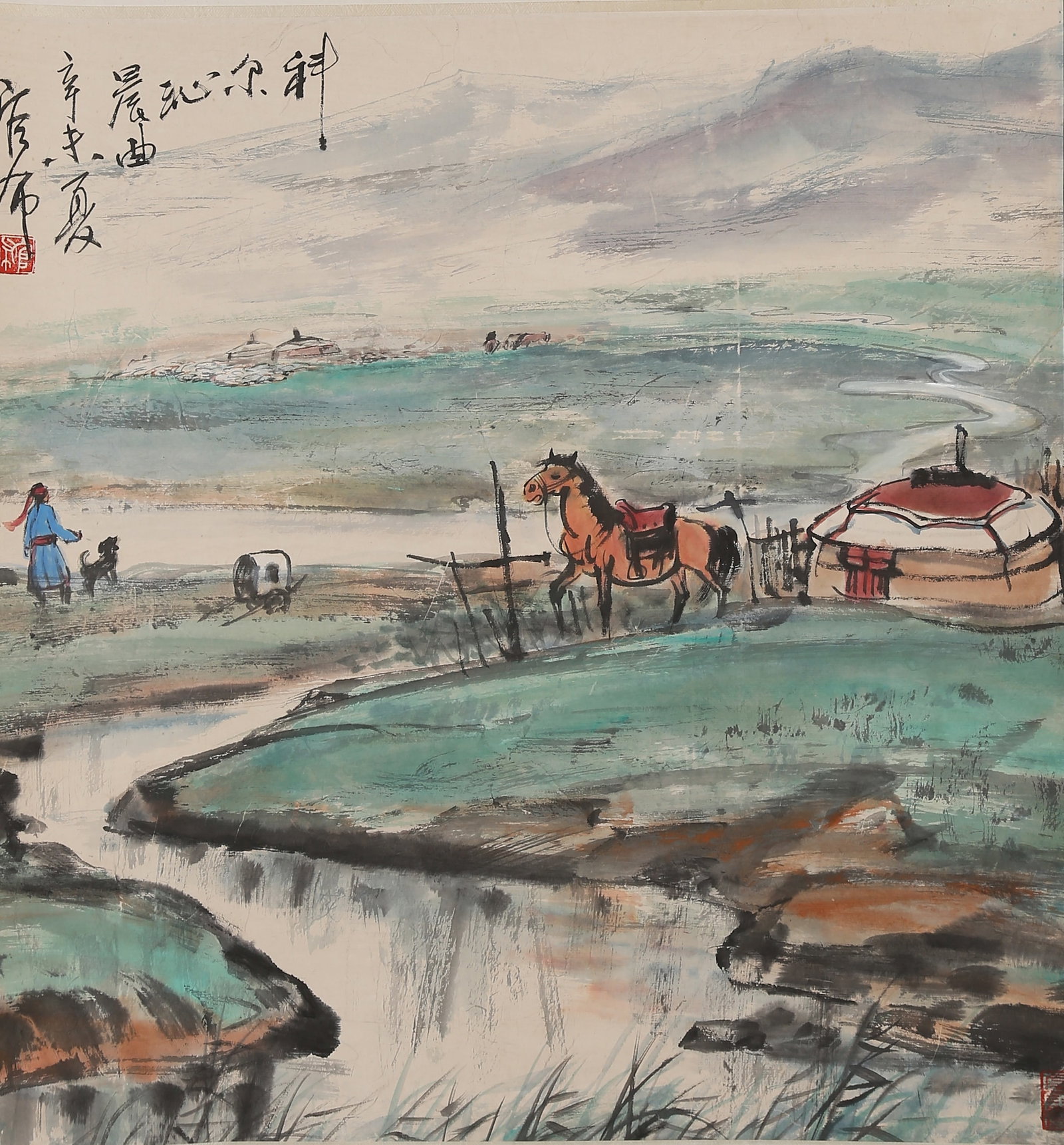 A GRASSLAND PAINTING ON PAPER BY GUAN BU.官布: Grassland Painting on Paper by Guan Bu.官布