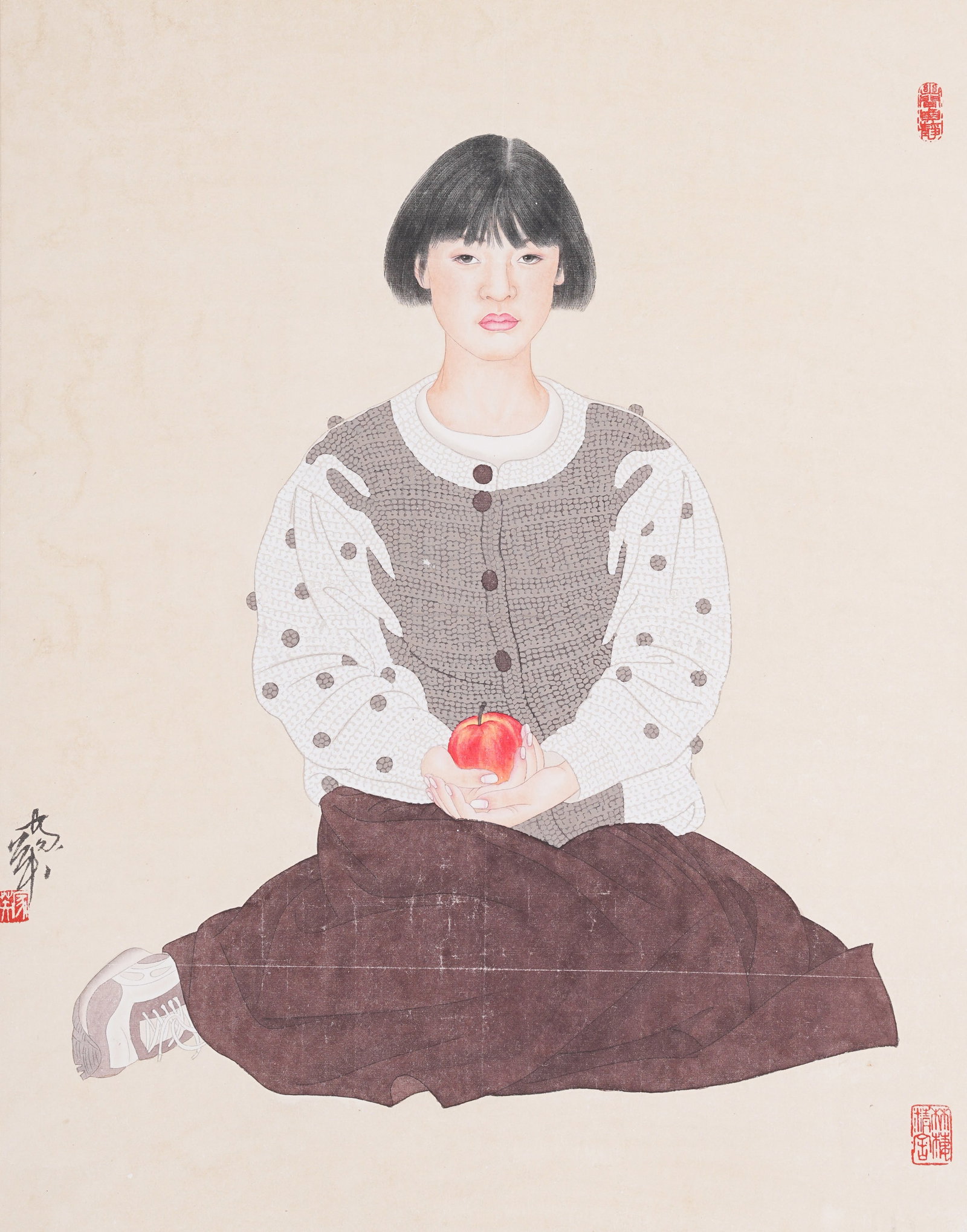 A FIGURE PAINTING ON PAPER BY HE JIAYING.何家英: Figure Painting on Paper by He Jiaying.何家英