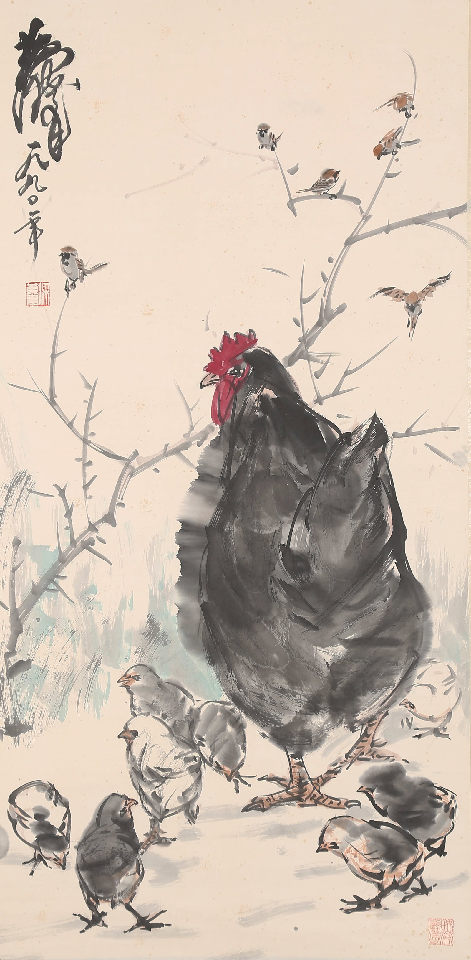 A CHICKENS PAINTING ON PAPER BY HUANG ZHOU.黃胄 (1 of 10)