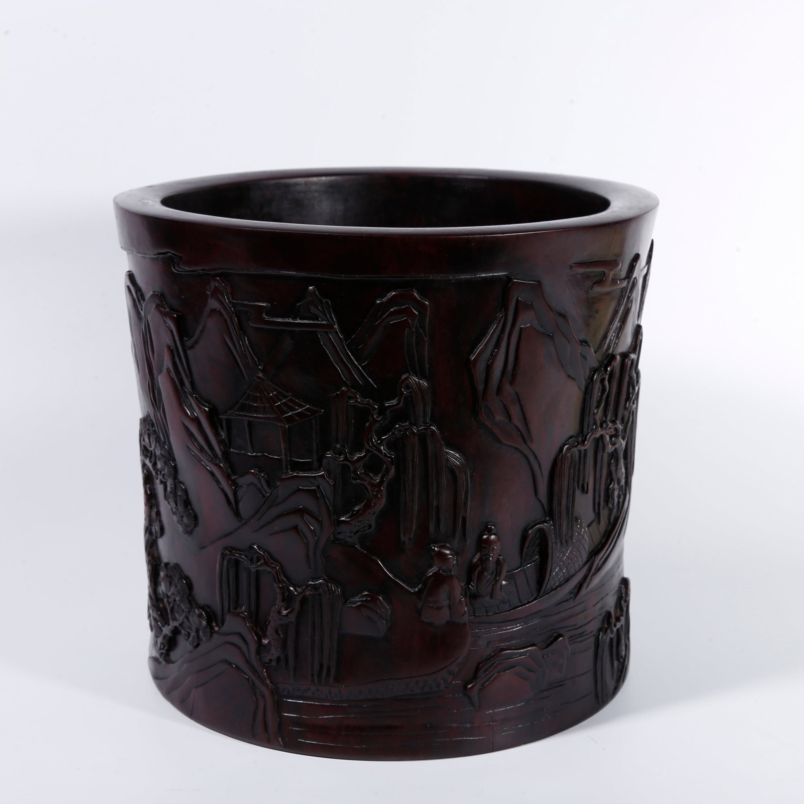 A RED SANDALWOOD BRUSH POT CARVED WITH LANDSCAPE-AND-FIGURE PATTERN (1 of 9)