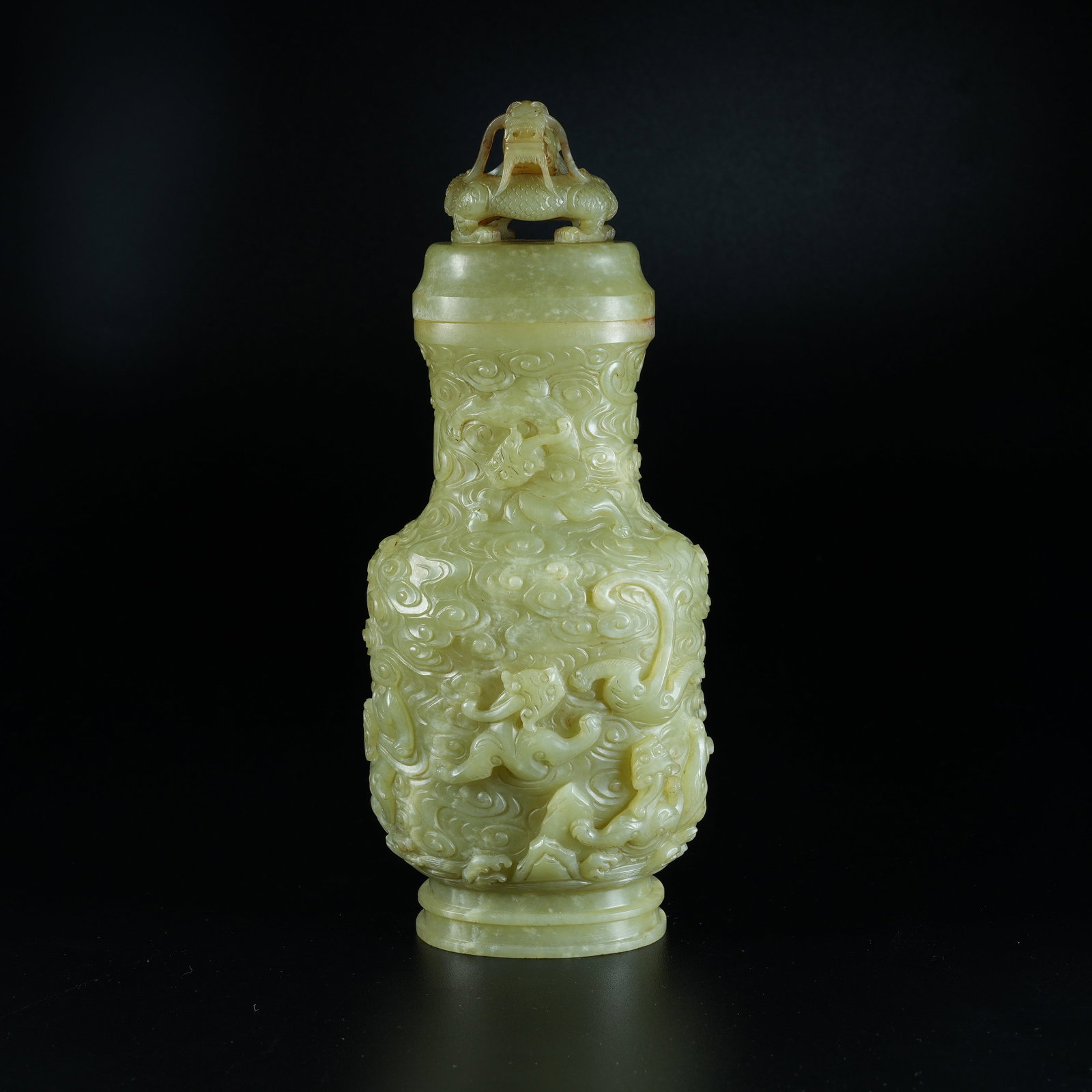 A COVERED VASE WITH CHILONG DRAGON PATTERN AND DRAGON KNOB IN YELLOW HETIAN JADE (1 of 10)