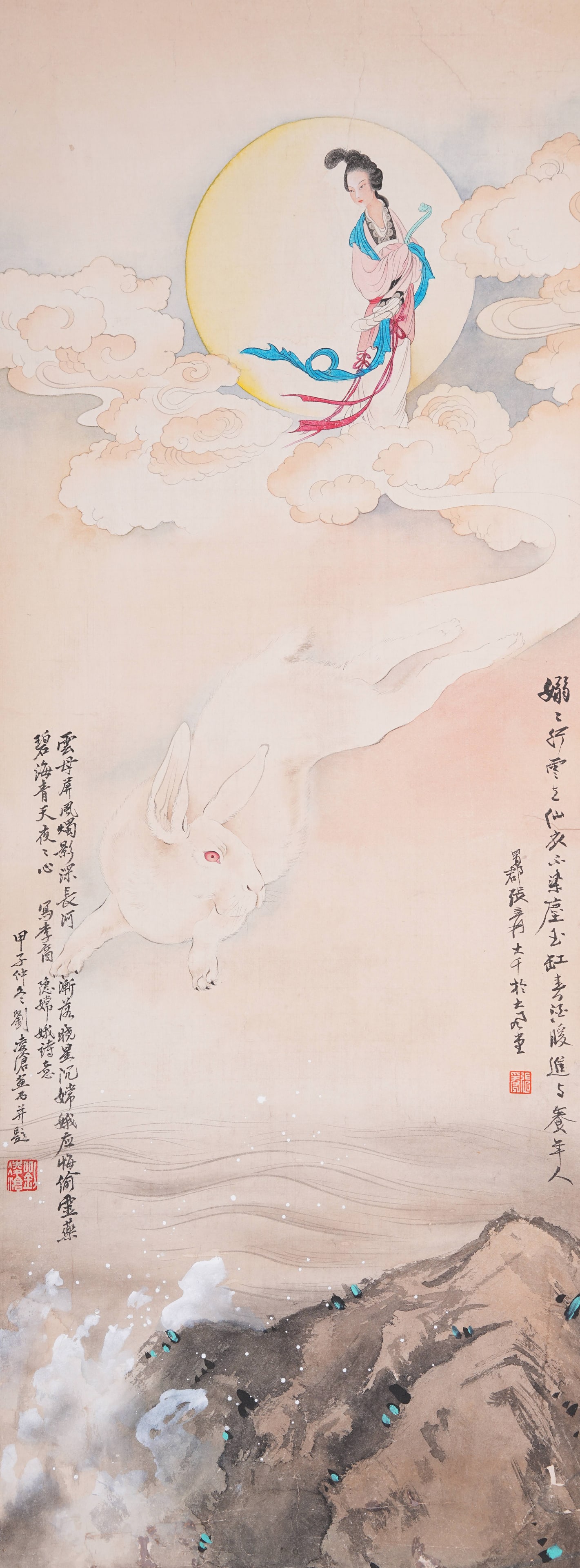 A CHANG'E FLYING TO THE MOON PAINTING ON PAPER BY ZHANG DAQIAN.張大千: Chang'e Flying to the Moon Painting on Paper by Zhang Daqian.張大千