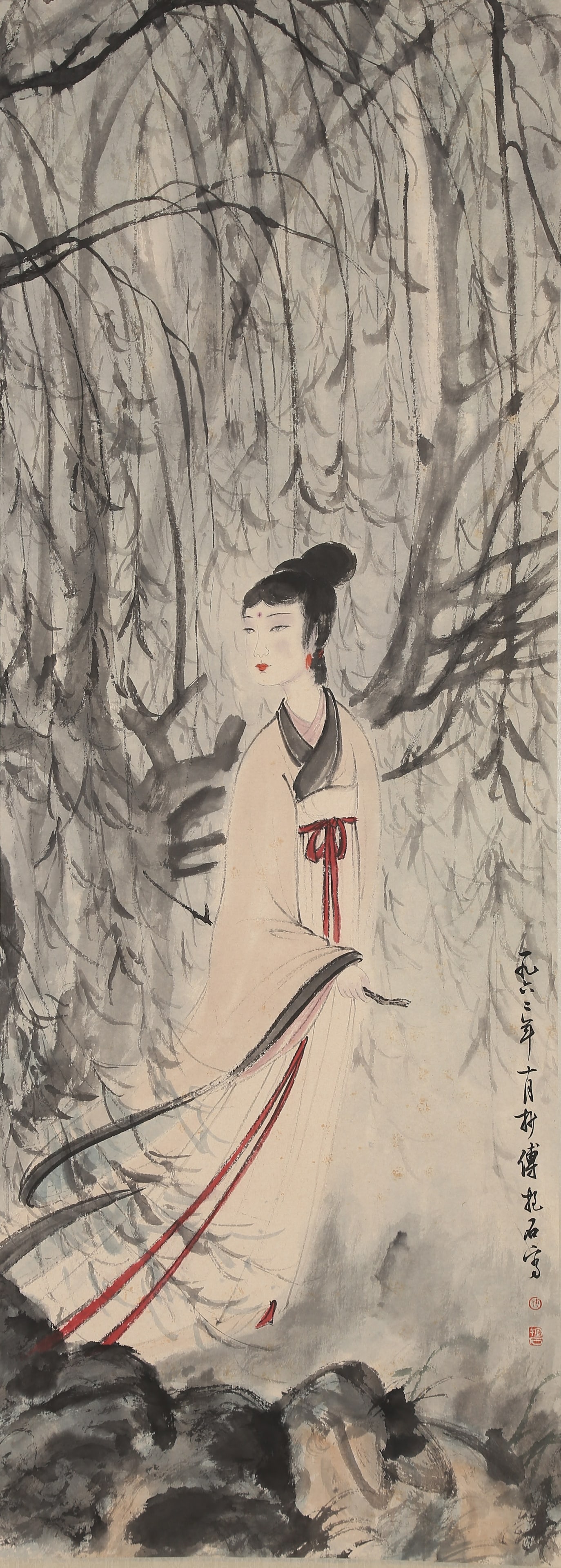 A BEAUTY PAINTING ON PAPER BY FU BAOSHI.傅抱石: Beauty Painting on Paper by Fu Baoshi.傅抱石