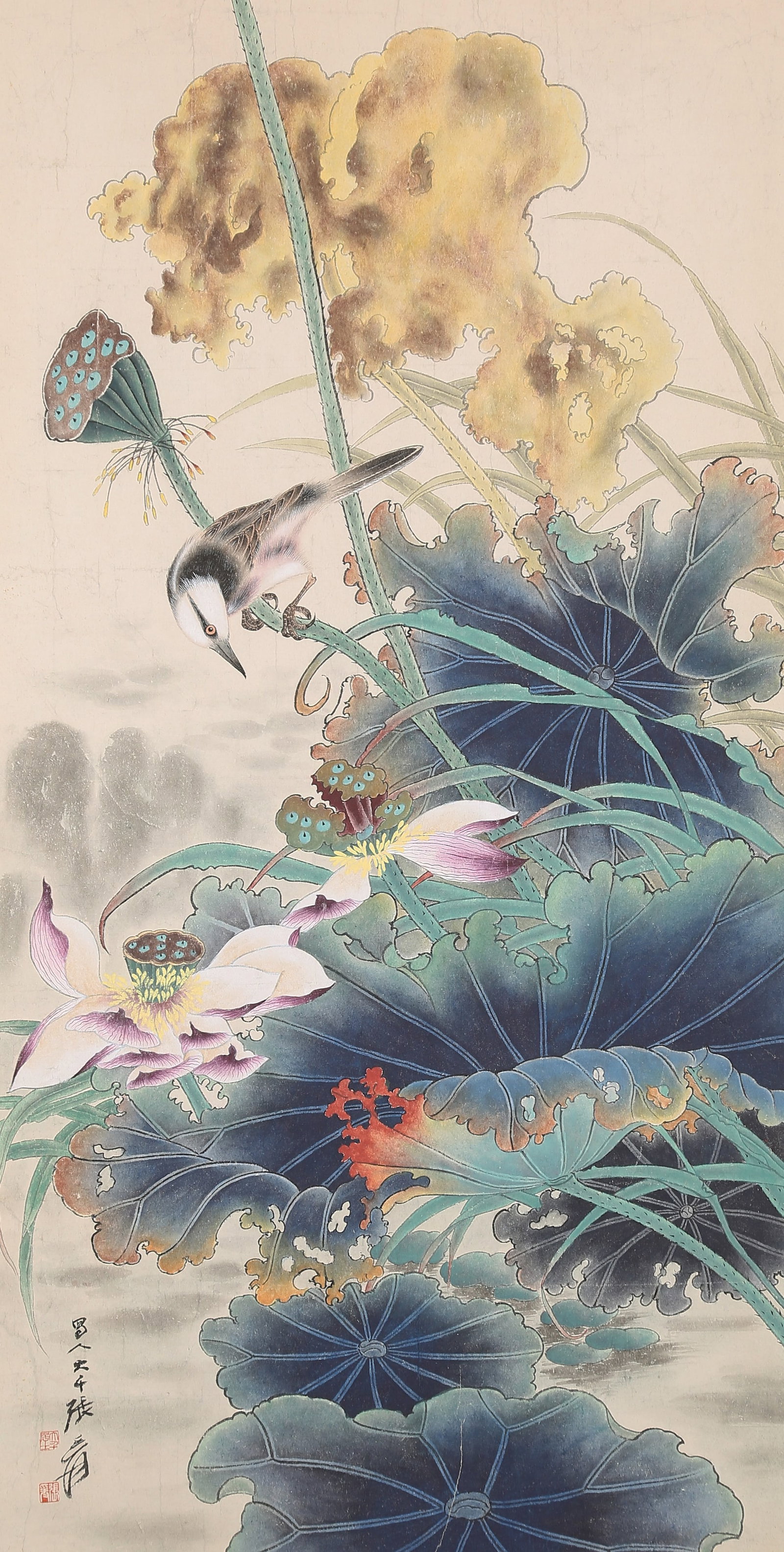 A FLOWERS AND BIRDS PAINTING ON PAPER BY ZHANG DAQIAN.張大千: Flowers and Birds Painting on Paper by Zhang Daqian.張大千