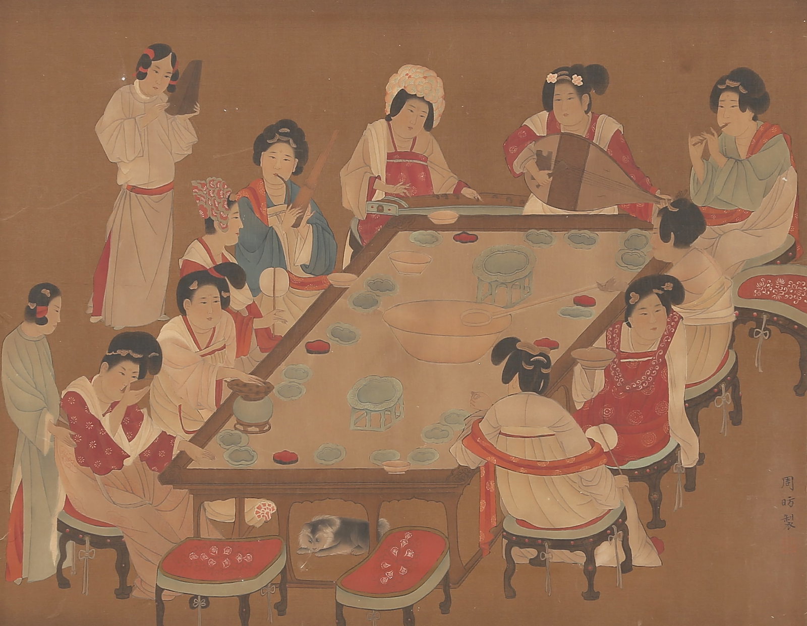 A BEAUTY PAINTING MOUNTED AS SCROLL CENTER ON SILK BY ZHOU FANG.周昉: Beauty Painting Mounted as Scroll Center on Silk by Zhou Fang.周昉