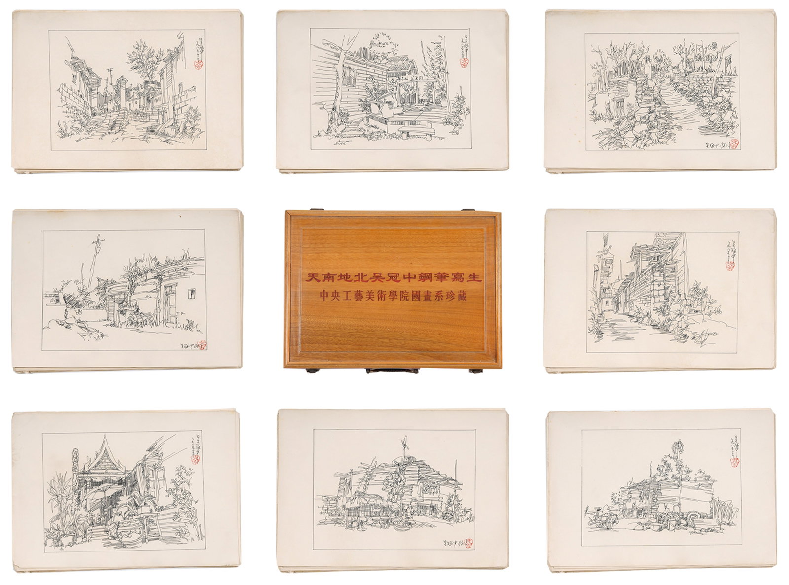 A PEN SKETCH MANUSCRIPTS ALBUM ON PAPER BY WU GUANZHONG (TWENTY LEAVES).吳冠中: Pen Sketch Manuscripts Album on Paper by Wu Guanzhong (twenty leaves).吳冠中