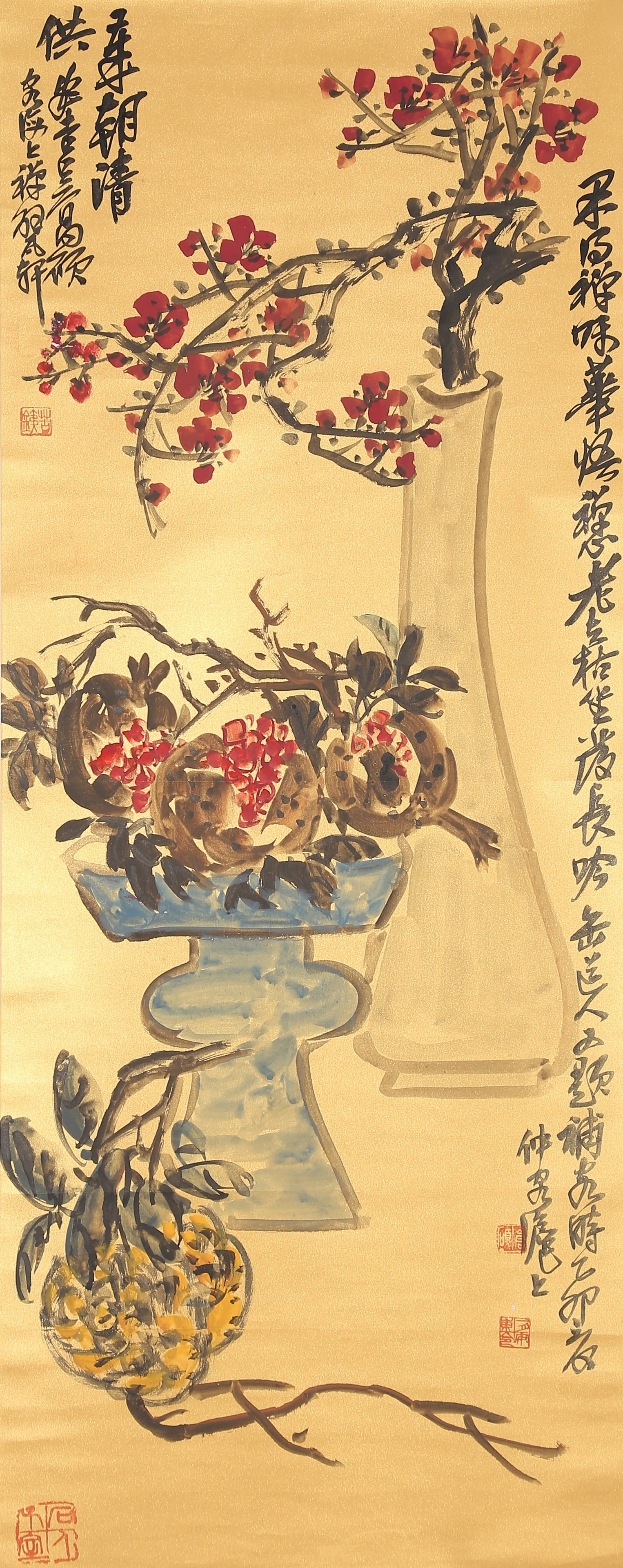 A SCHOLAR'S OFFERINGS PAINTING ON PAPER BY WU CHANGSHUO.吳昌碩: Scholar's Offerings Painting on Paper by Wu Changshuo.吳昌碩