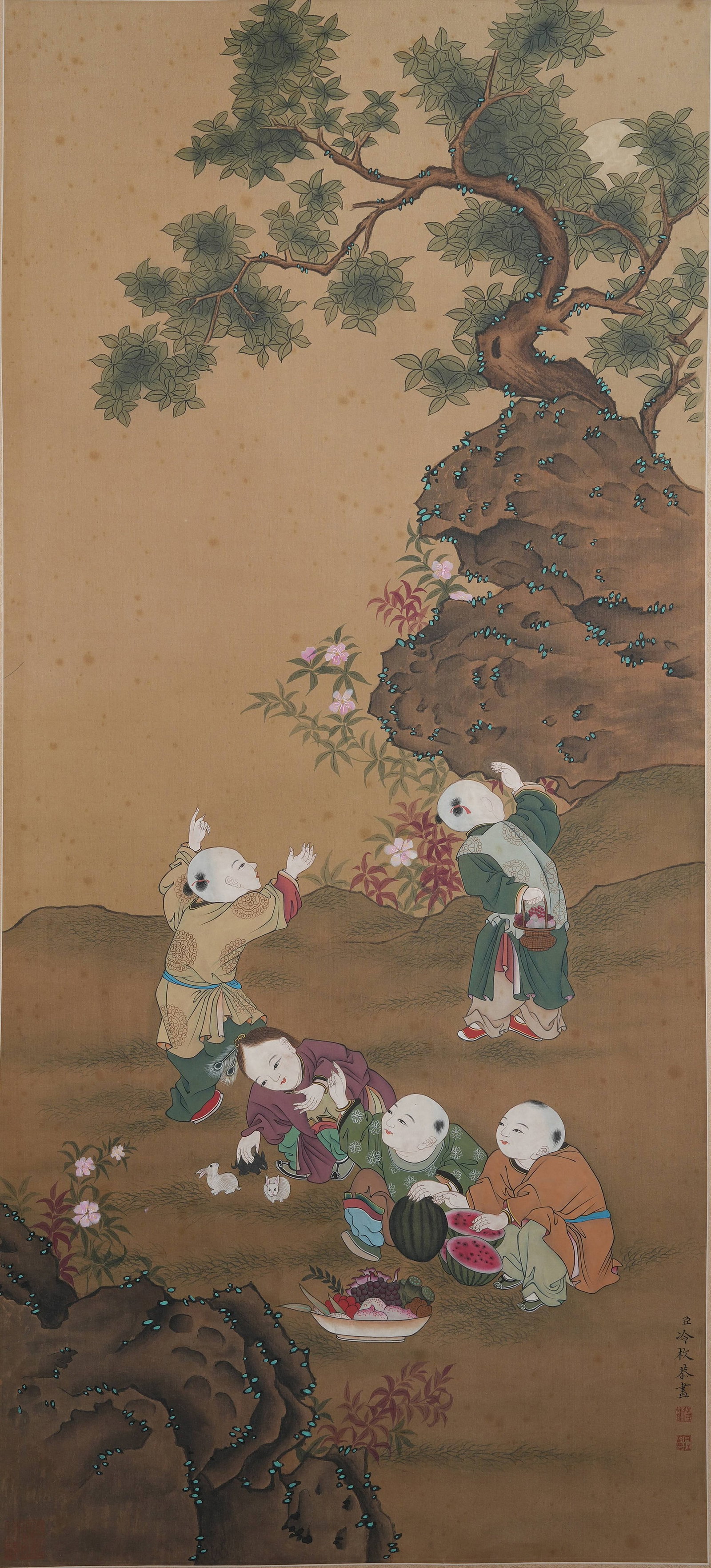 A CHILDREN-AT-PLAY PAINTING ON SILK, MOUNTED AS SCROLL LEAF BY LENG MEI.冷枚: Children-at-Play Painting on Silk, Mounted as Scroll Leaf by Leng Mei.冷枚