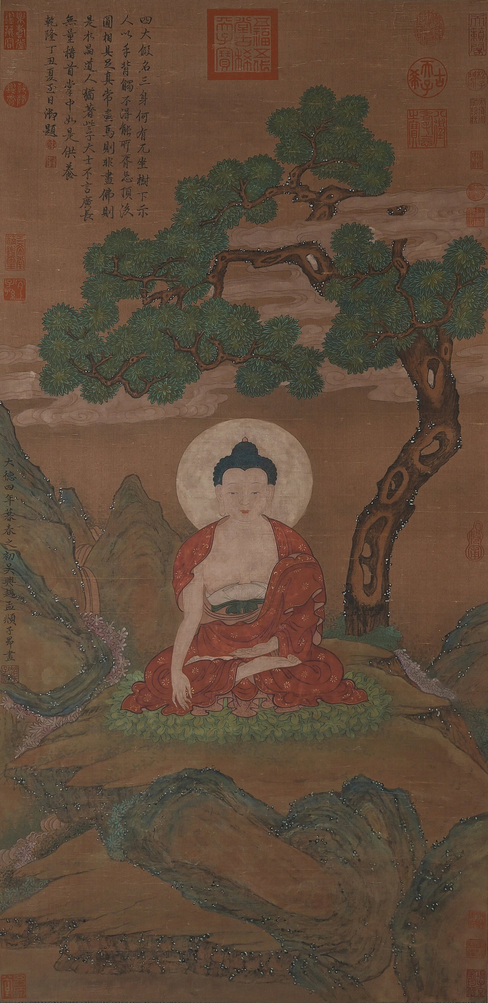 A BUDDHA STATUE OF SAKYAMUNI ON SILK BY ZHAO MENGFU.趙孟頫: Buddha Statue of Sakyamuni on Silk by Zhao Mengfu.趙孟頫