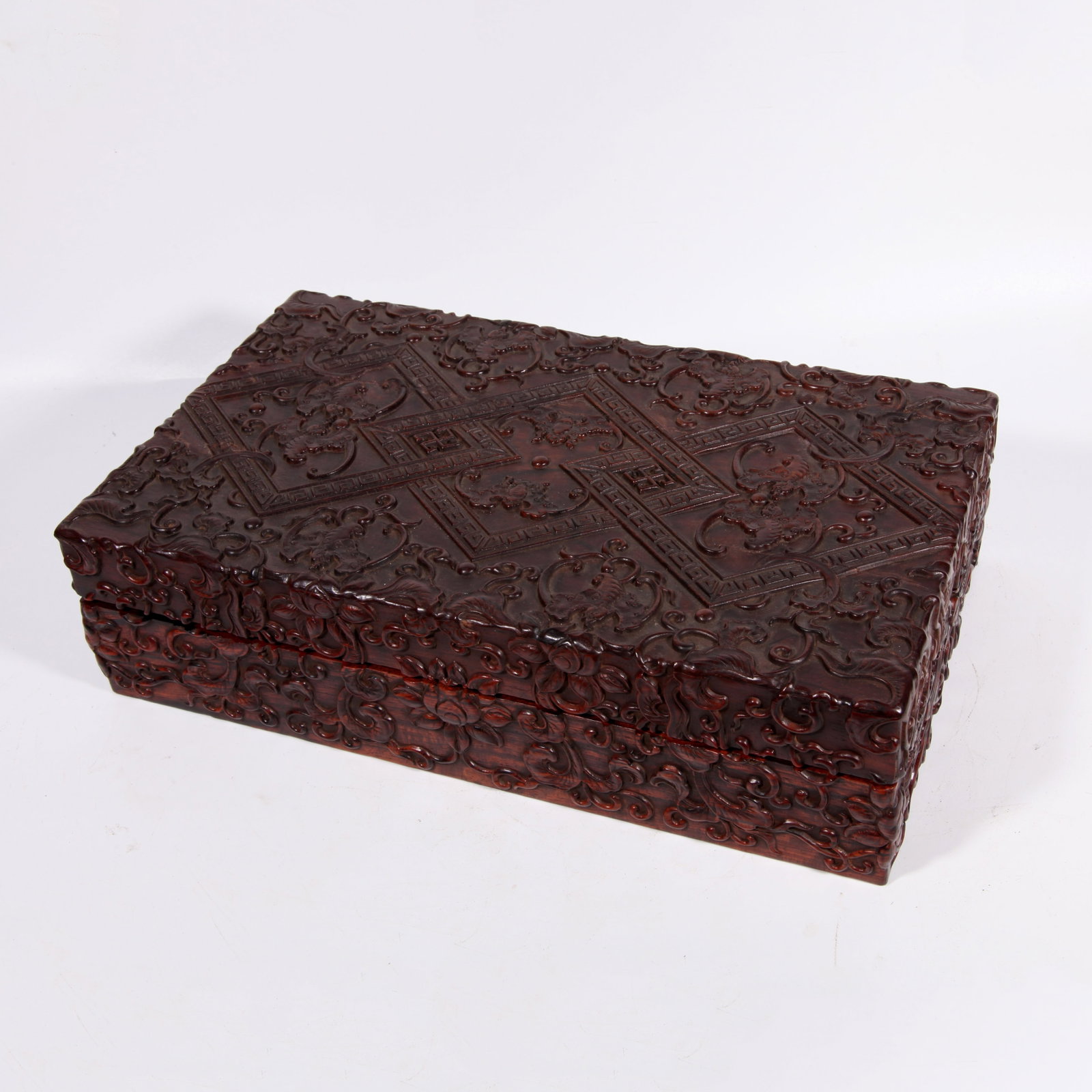 A RED WOOD COVERED BOX CARVED WITH FORTUNE PATTERN (1 of 8)