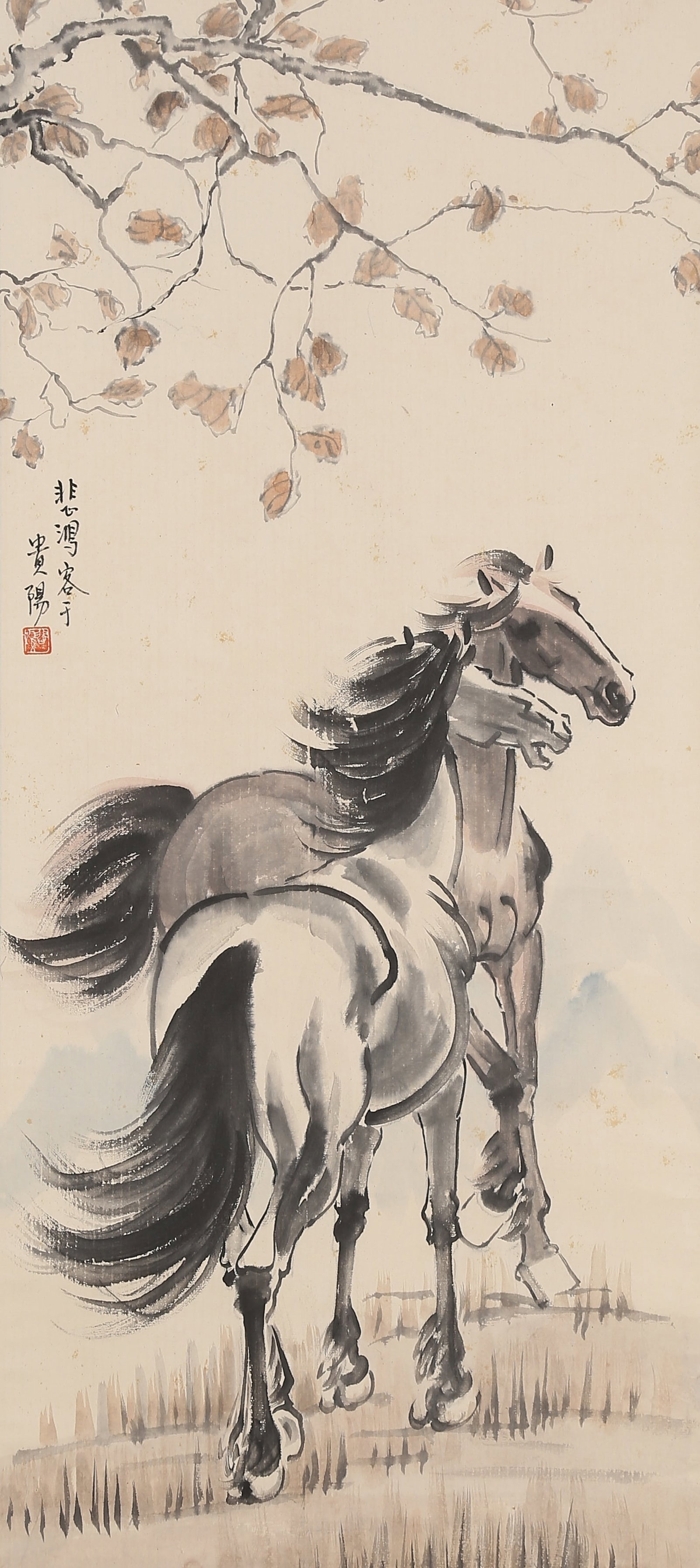 A PAINTING OF TWO HORSES ON PAPER BY XU BEIHONG.徐悲鴻: Painting of Two Horses on Paper by Xu Beihong.徐悲鴻