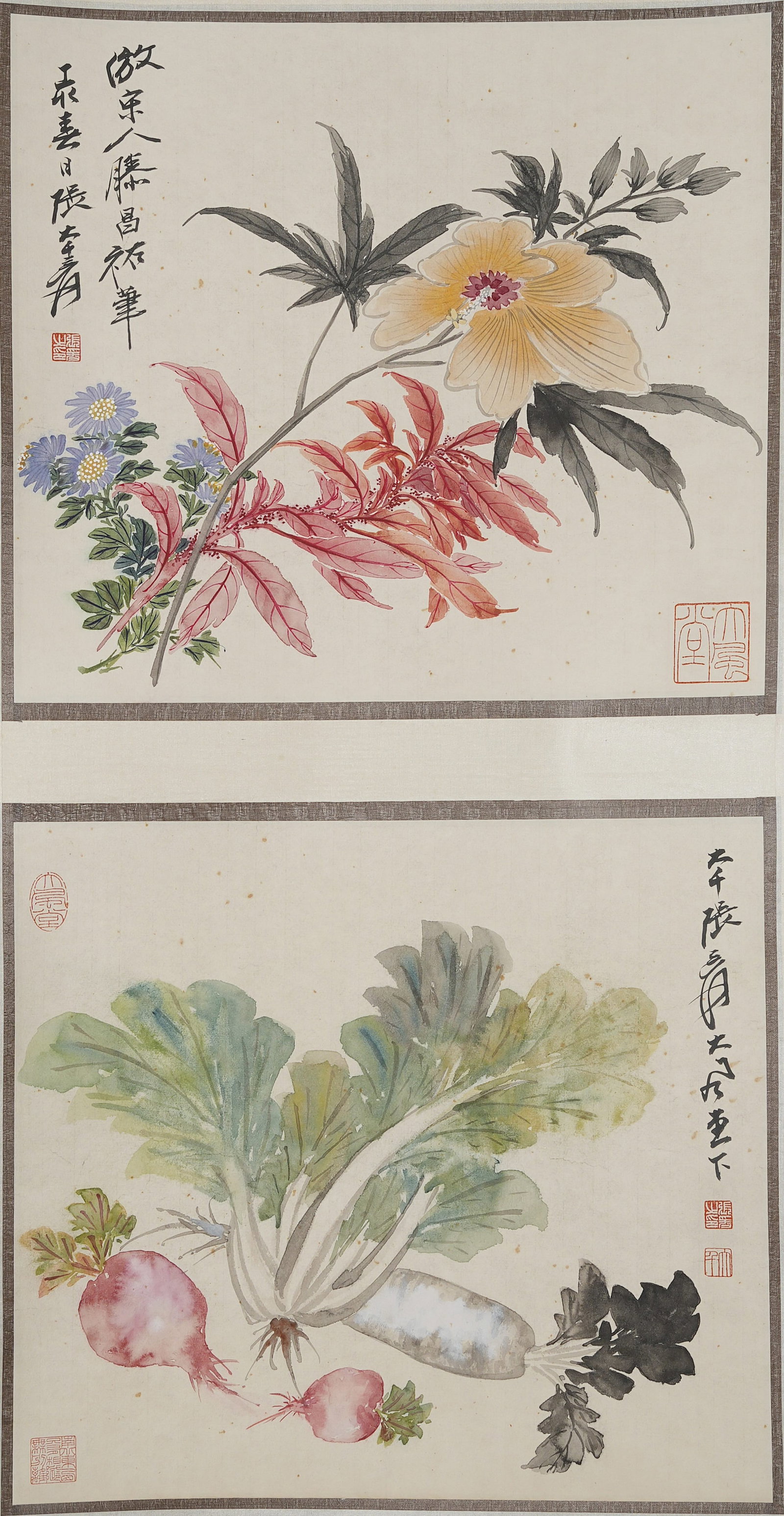 A PAINTING OF FLOWERS, FRUITS AND VEGETABLES ON PAPER BY ZHANG DAQIAN.張大千: Painting of Flowers, Fruits and Vegetables on Paper by Zhang Daqian.張大千