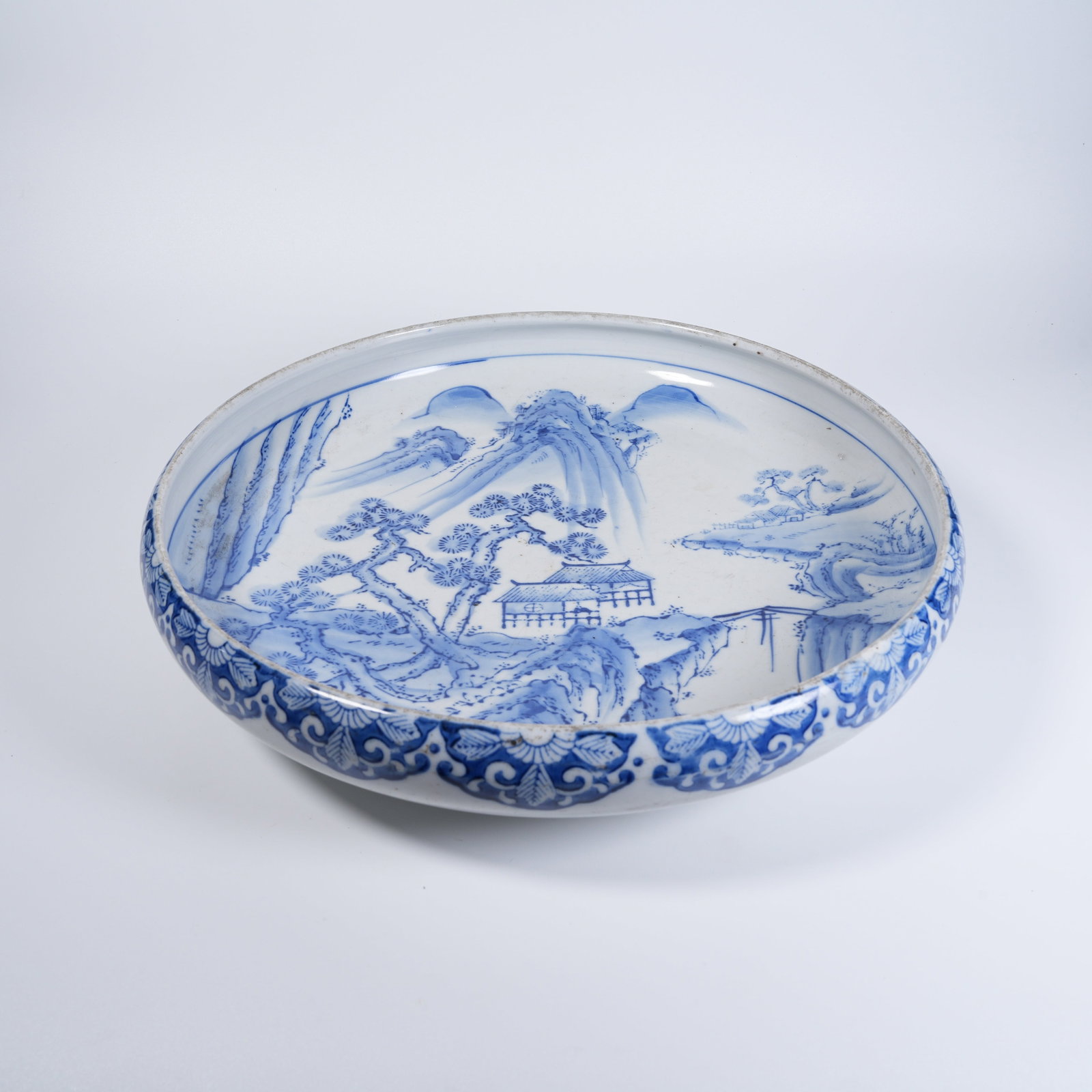 A BLUE AND WHITE WASHER WITH LANDSCAPE DECORATION (1 of 10)
