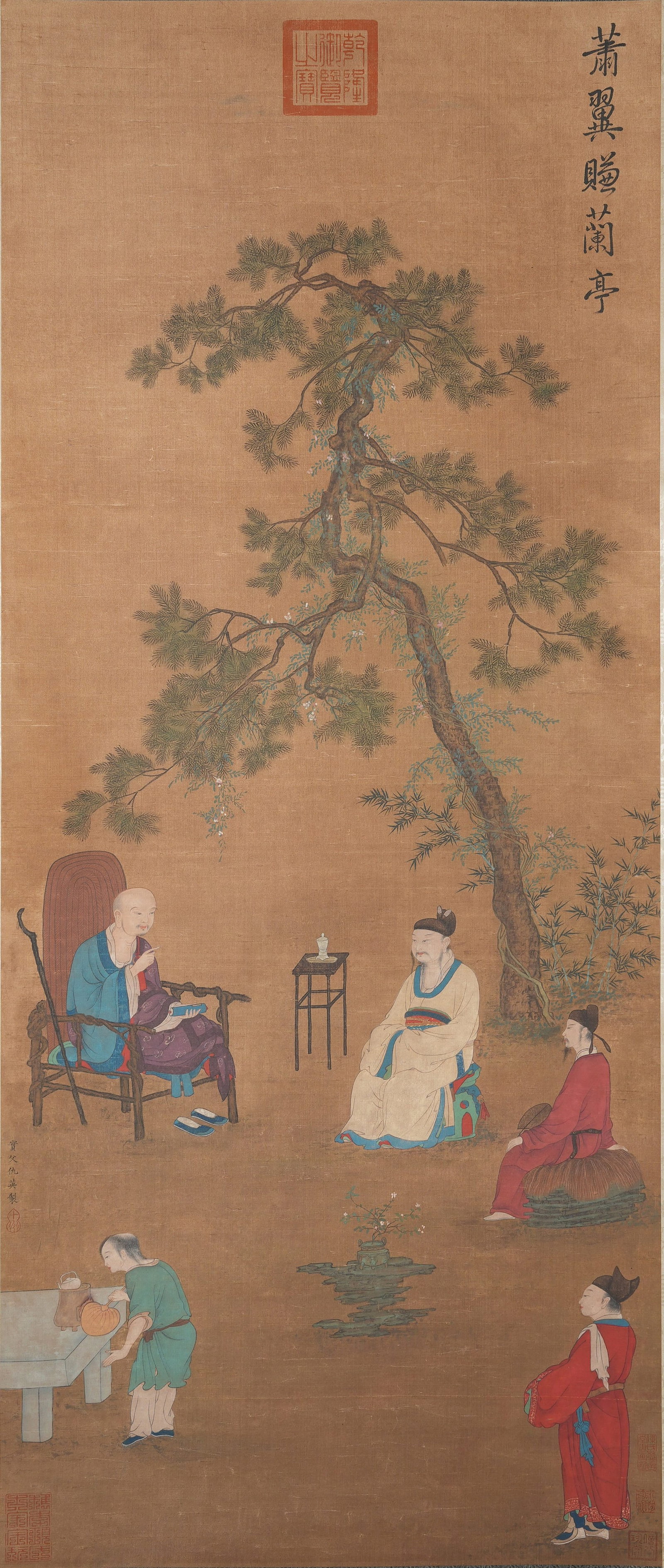 A PAINTING OF SCHOLAR UNDER PINE TREES ON SILK BY QIU YING.仇英: Painting of Scholar Under Pine Trees on Silk by Qiu Ying.仇英