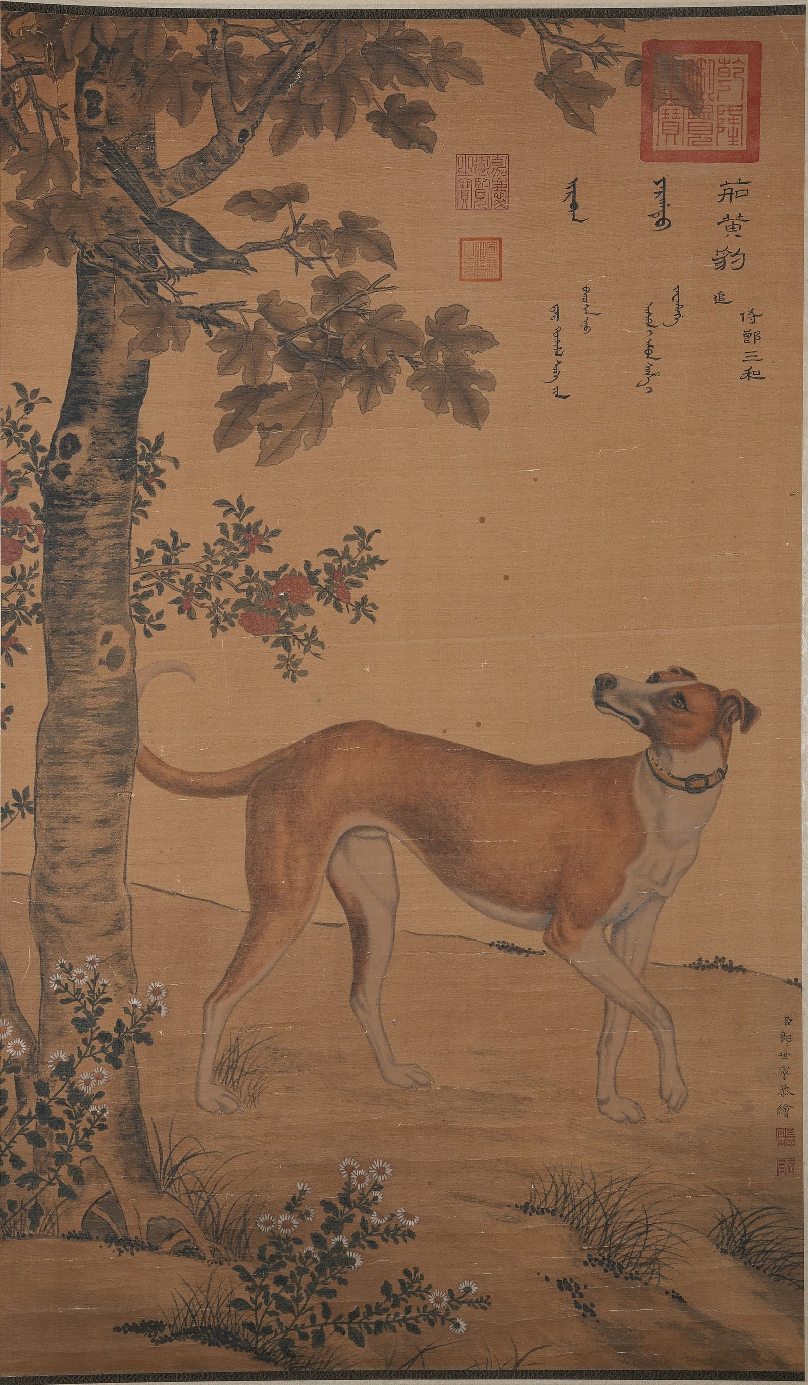 A PAINTING OF FINE HOUNDS ON SILK BY GIUSEPPE CASTIGLIONE.郎世寧: Painting of Fine Hounds on Silk by Giuseppe Castiglione.郎世寧