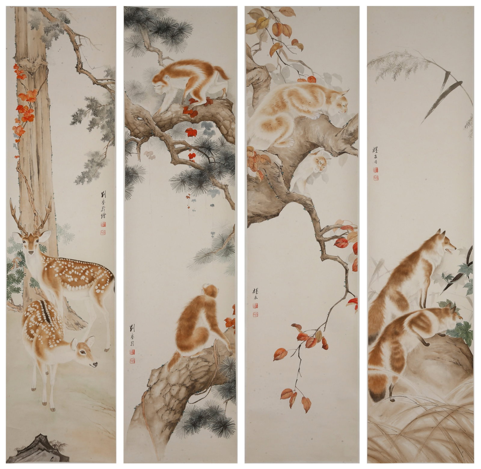 A AUSPICIOUS BEAST PAINTINGS ON PAPER BY LIU KUILING (4 PIECES).劉奎齡: Auspicious Beast paintings on paper by Liu Kuiling (4 pieces).劉奎齡