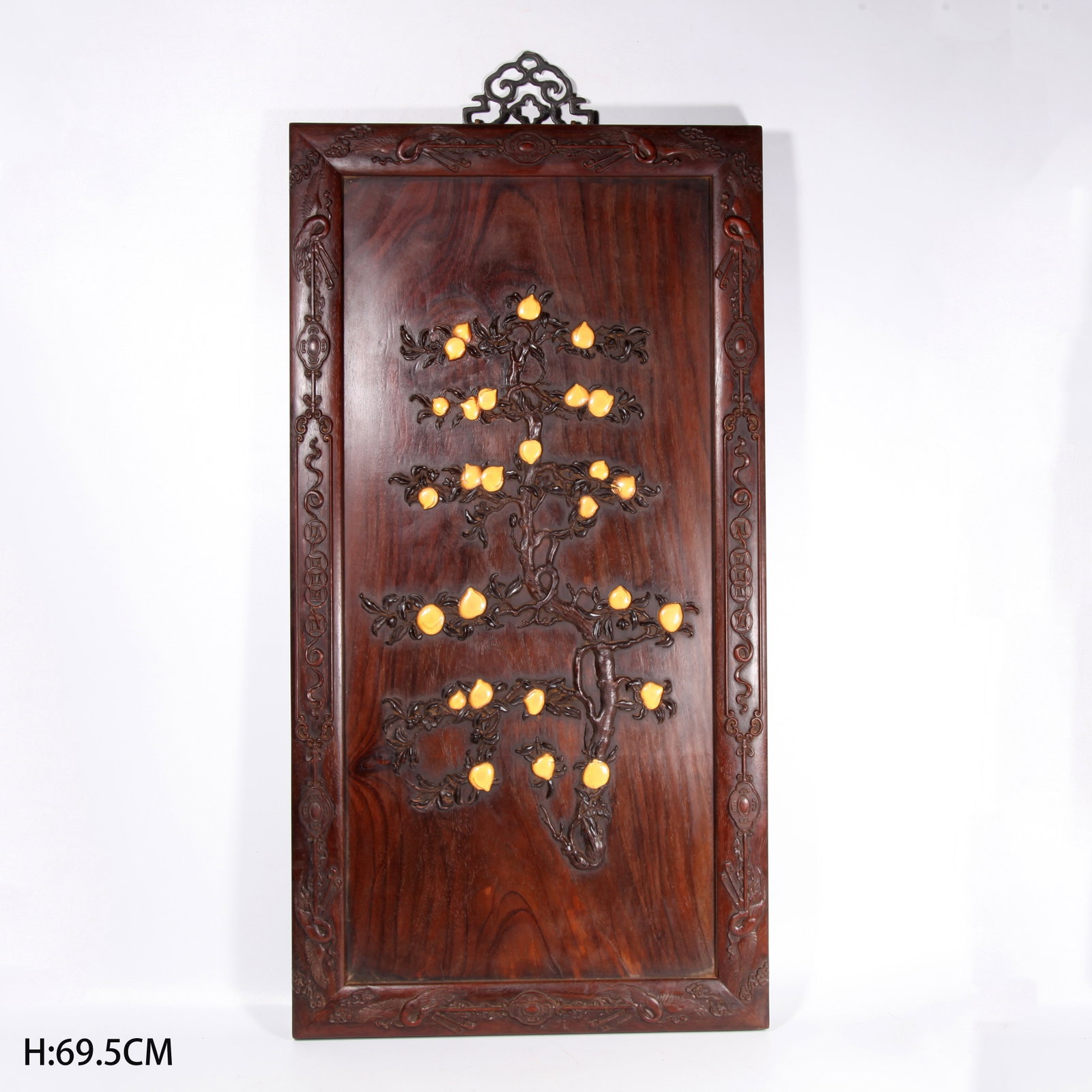 A HUANGHUALI WOOD HANGING SCREEN INLAID WITH RED SANDALWOOD CARVED WITH LONGEVITY-PEACH PATTERN (1 of 9)