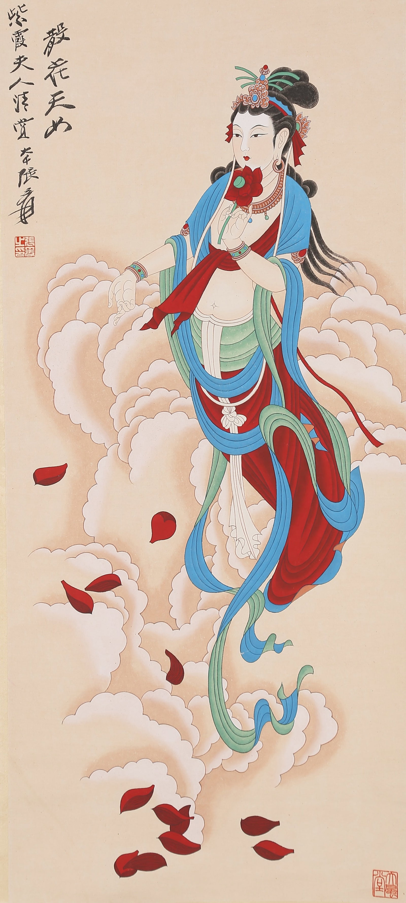 A PAINTING OF HEAVENLY MAID SCATTERING FLOWERS ON PAPER BY ZHANG DAQIAN.張大千 (1 of 8)