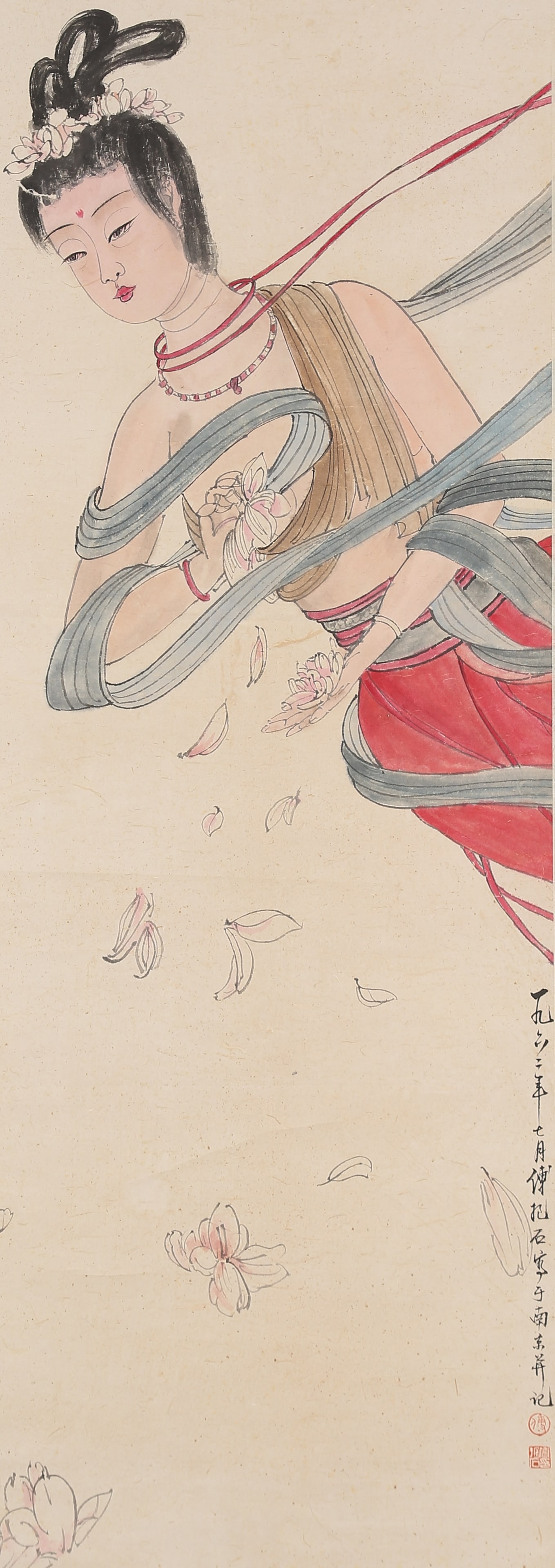 A PAINTING OF HEAVENLY MAID SCATTERING FLOWERS ON PAPER BY FU BAOSHI.傅抱石 (1 of 8)