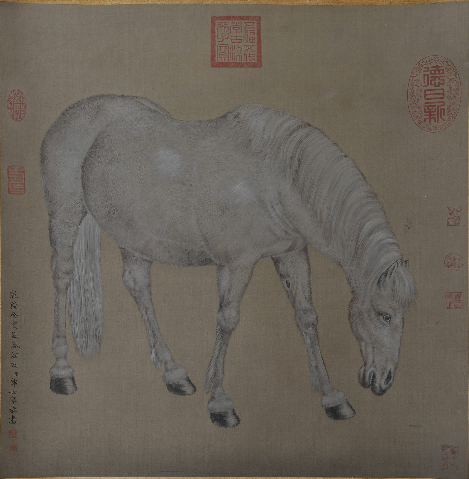A PAINTING OF FINE STEEDS ON SILK BY GIUSEPPE CASTIGLIONE.郎世寧: Painting of Fine Steeds on Silk by Giuseppe Castiglione.郎世寧