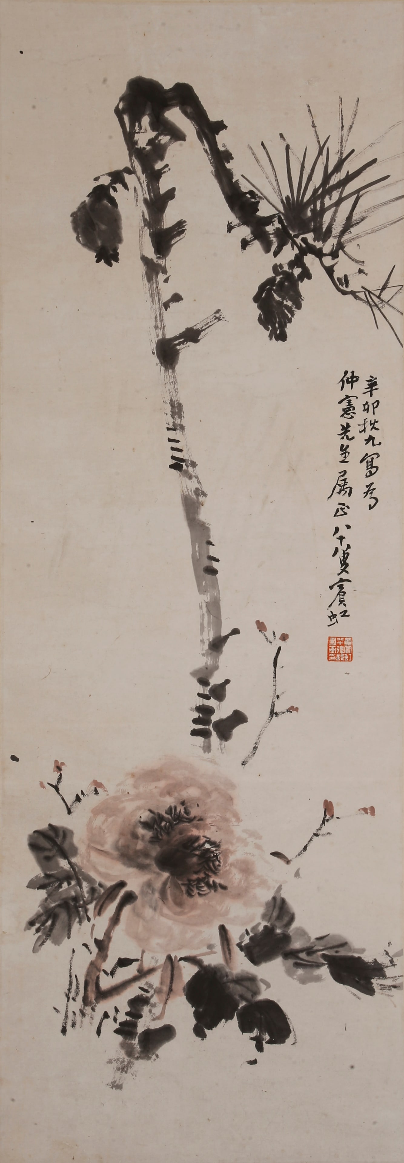 A FLOWER PAINTING ON PAPER BY HUANG BINHONG.黃賓虹: Flower painting on paper by Huang Binhong.黃賓虹