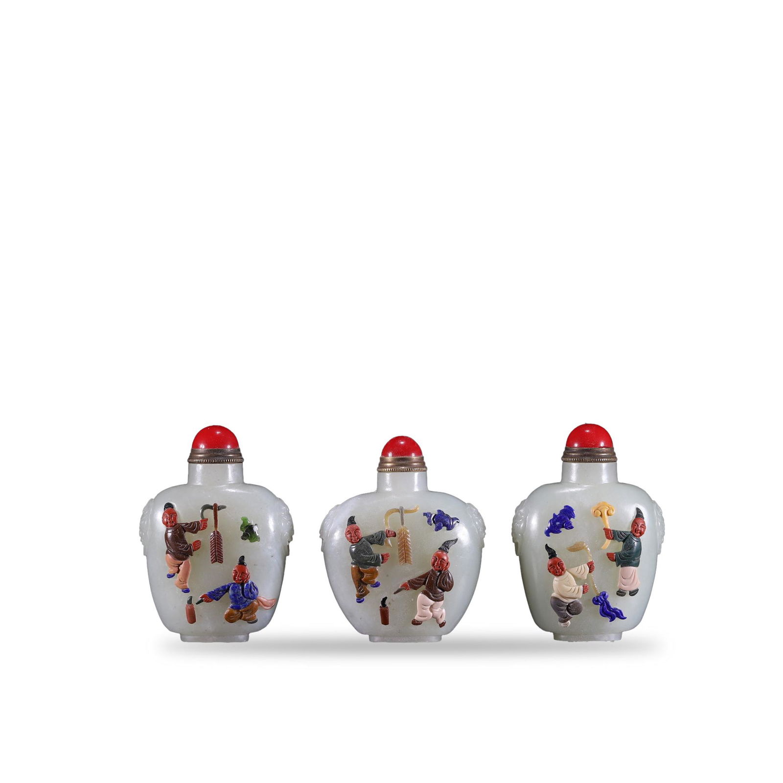 A set of eight treasures inlaid white jade snuff bottle (1 of 7)