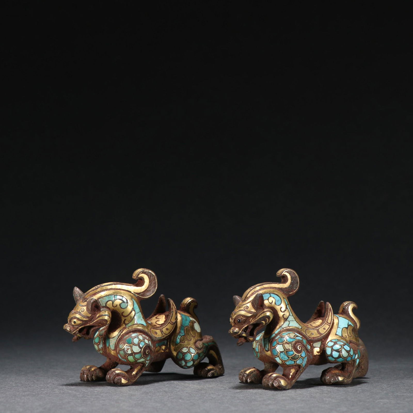 A pair of bronze inlaid gold turquoise mythical beasts (1 of 9)