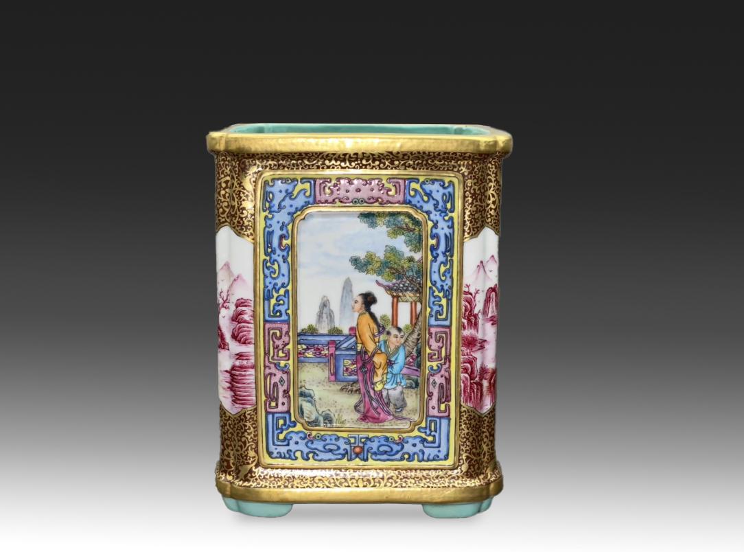 Gold painted agate red "landscape pen holder" (1 of 9)