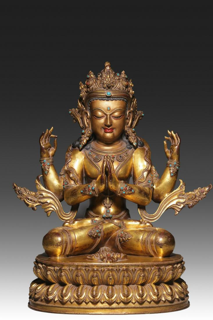 Qing Dynasty, Gilt Bronze Guanyin with Four Arms (1 of 9)