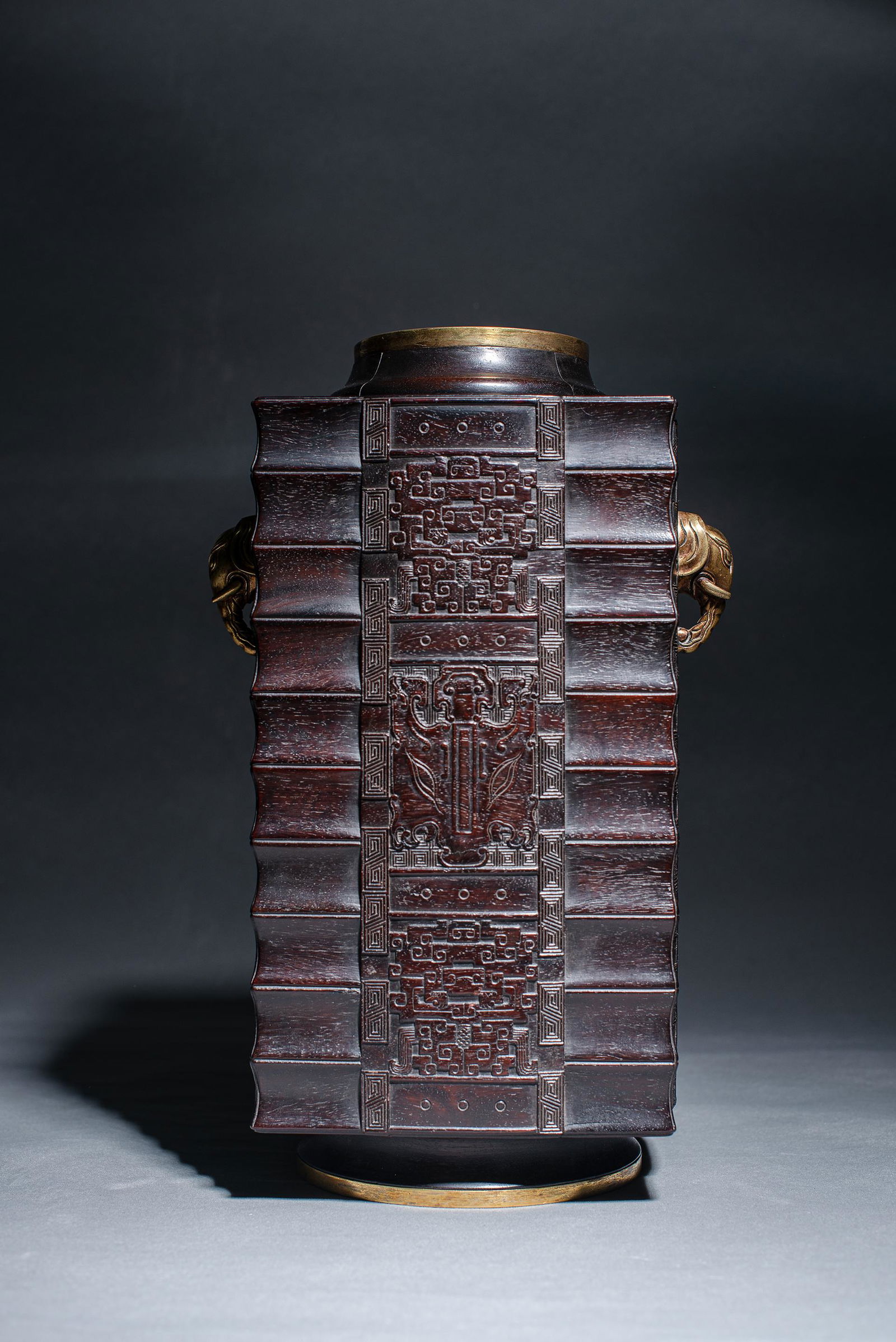 Gilt bronze inlaid red sandalwood square cong (1 of 9)