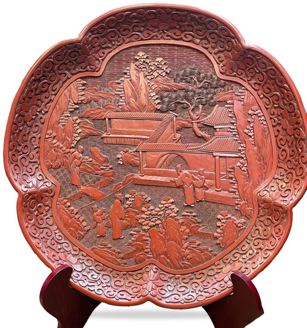 a Chinese carved lacquerware character plum plate (1 of 5)