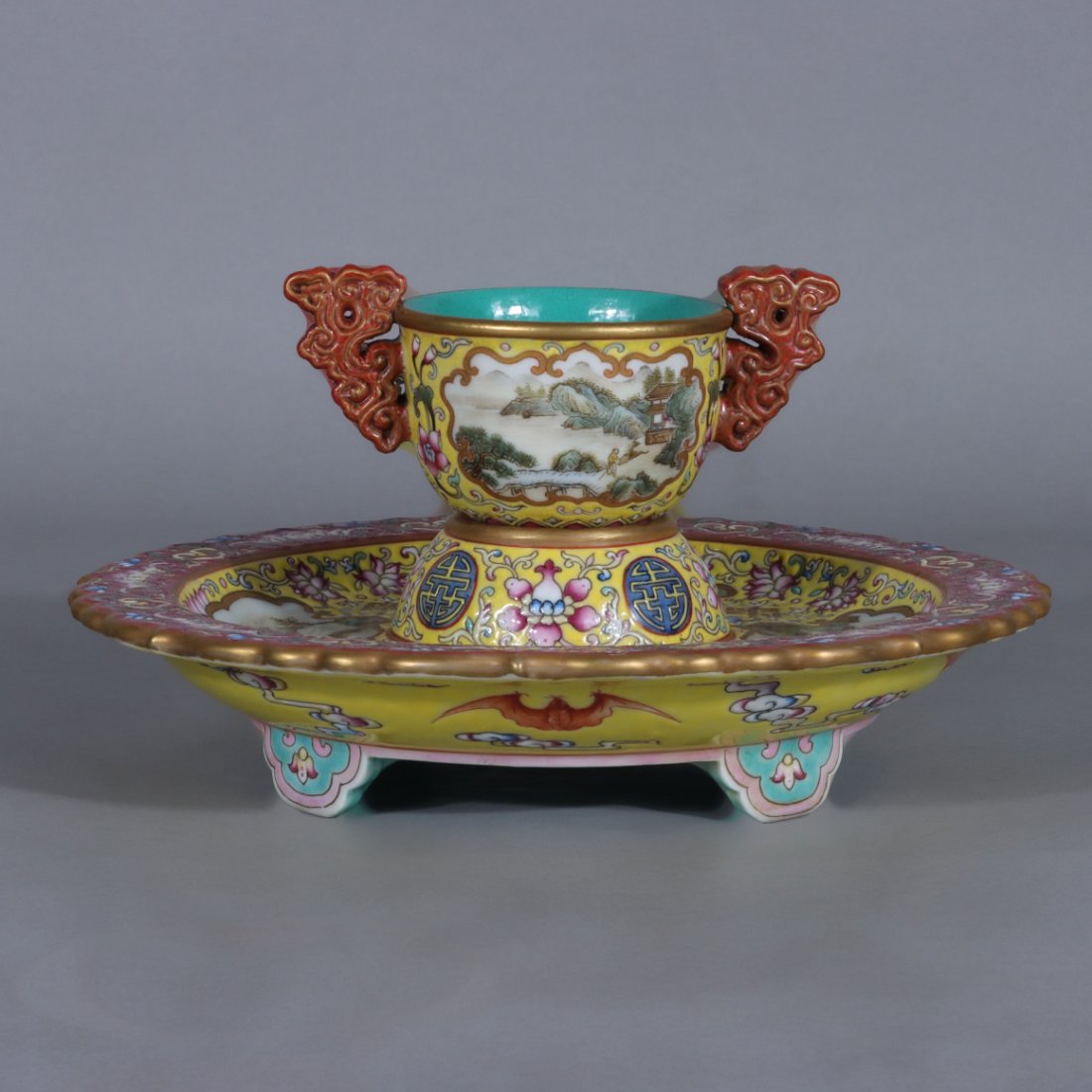 YELLOW GROUND PASTEL LANDSCAPE PATTERN DOUBLE EAR CUP,QING (1 of 8)