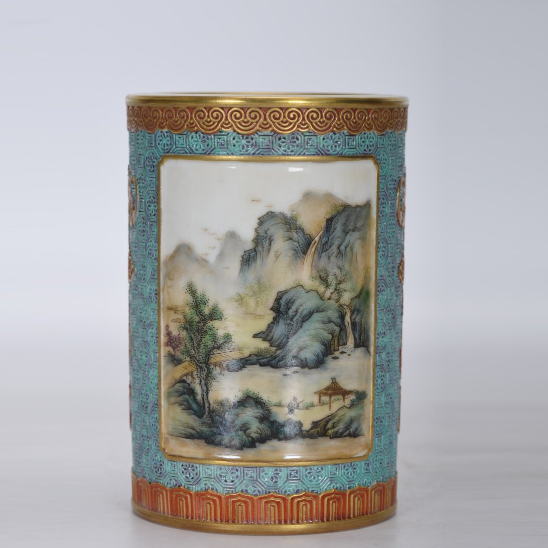 ENAMEL COLOR CARVING"LANDSCAPE"PEN CONTAINER: H:13.6cm