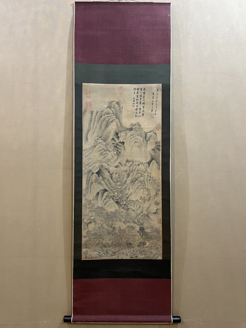 A CHINESE CALLIGRAPHY AND PAINTING ON SILK, SIGNED BY WANG MENG: 46*103cm