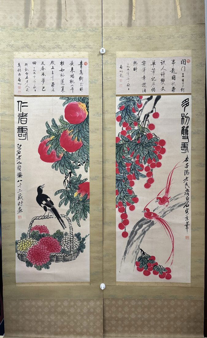 A CHINESE CALLIGRAPHY AND PAINTING "FLOWER AND BIRD" SIGNED BY QI BAISHI: 42Ã—126cmÃ—2