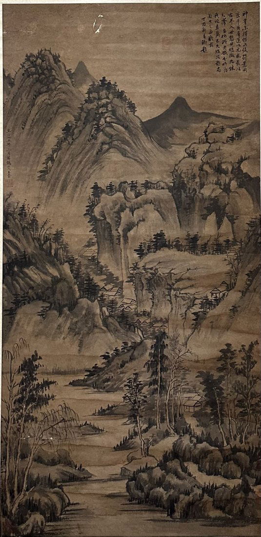 CHINESE CALLIGRAPHY AND PAINTING "LANDSCAPE" SIGNED BY WANG MENG: 135x67cm
