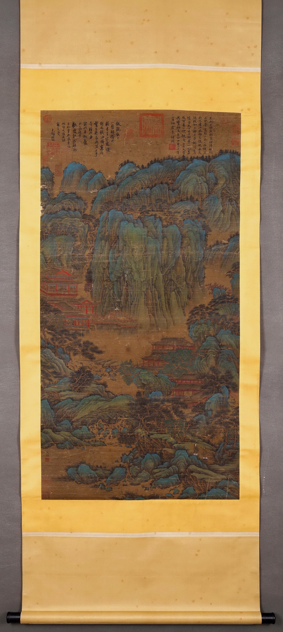 WANG WEI SILK PAINTING OF SPRING MOUNTAIN TERRACE WATERFALL VIEW: 30x68CM