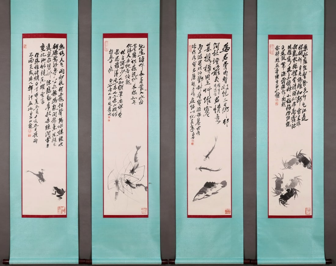 QI BAISHI FOUR SCROLLS WITH FISH, SHRIMP, CRAB AND FROGS: 136X33CMx4