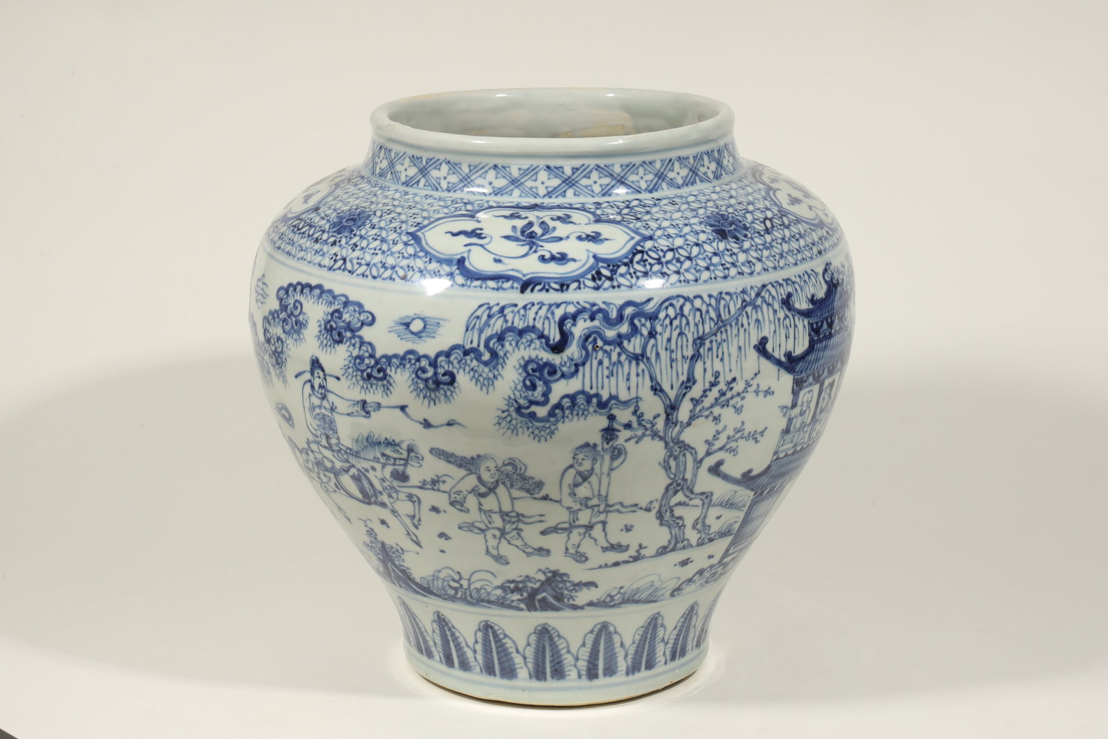 BLUE AND WHITE CHARACTER STORY JAR: HEIGHT 36CM
