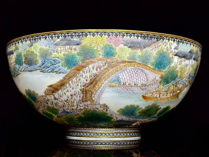 QIAN DAI INK COLOR BRUSHING GOLD QINGMING SHANGHE TU THIN TIRE BOWL: CALIBER 28.5 CENTIMETERS, HEIGHT 12.9 CENTIMETERS