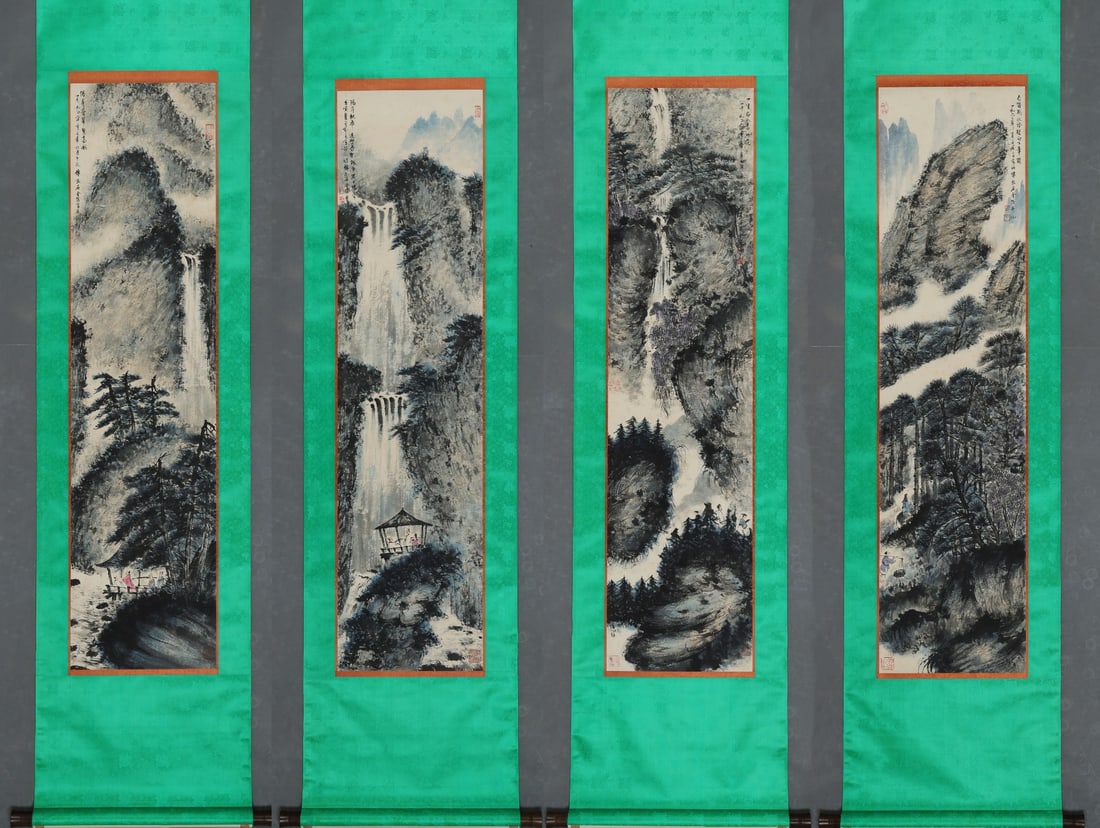 FU BAOSHI LANDSCAPE FOUR-PANEL SCREEN: 136x35CMx4